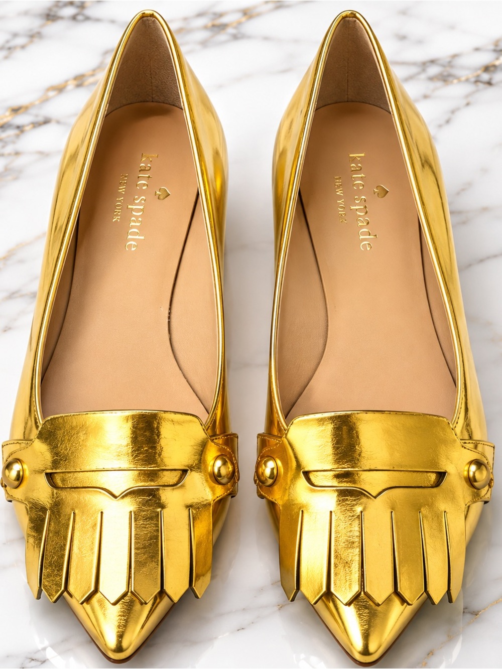 Kate Spade New York Metallic Gold Leather Pointed-Toe Kiltie Fringe Flats 7.5
